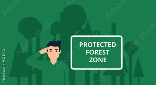 Man Salutes Protected Forest Zone Sign Environmental Conservation Illustration