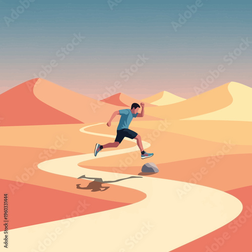 Man Running Through Arid Desert Landscape On A Winding Path