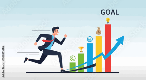 Man Running Towards Business Success and Goal Achievement Graph