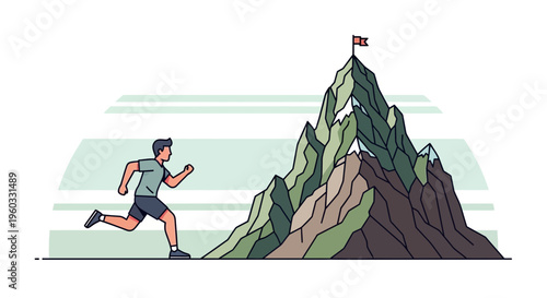 Man Running Towards Mountain Peak With Flag Represents Achievement and Success