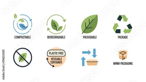 Eco-friendly Packaging & Sustainability Icons Set: Compostable, Biodegradable, Plastic-Free, Recyclable, Reusable Concepts