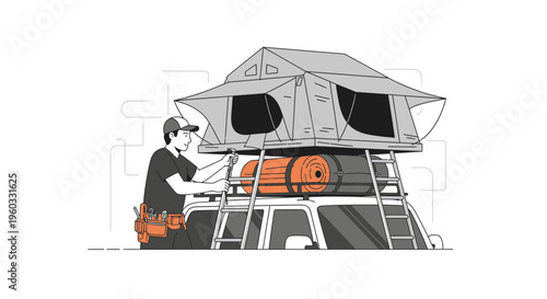Man Setting Up Rooftop Tent Adventure Gear On Vehicle
