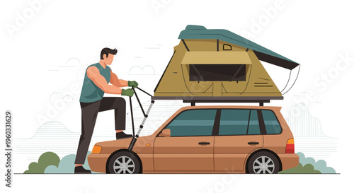 Man Setting Up Rooftop Tent On Vehicle For Outdoor Adventure Trip