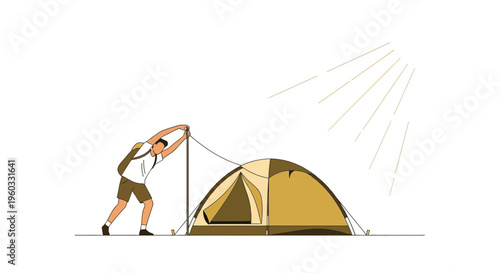 Man Setting Up Tent Under Sunny Sky Outdoor Adventure