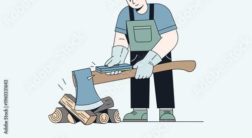 Man Sharpening Axe Preparing For Chopping Firewood