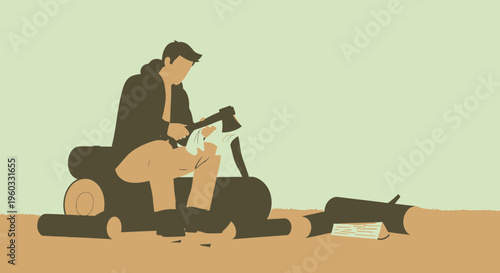 Man Sharpening Axe By Wood Logs Outdoor Scene Minimalist