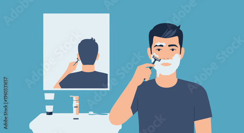 Man Shaving Face With Razor In Bathroom Mirror Reflection Cleanliness Ritual