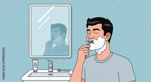 Man Shaving His Face With A Razor In Front Of Mirror Daily Routine