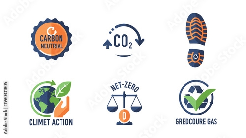 Environmental Sustainability Vector Icons: Carbon Neutral, Net-Zero, Climate Action, CO2 Reduction, Carbon Footprint