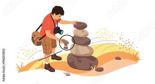 Man Stacking Rocks In Nature With Camera And Backpack