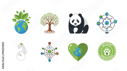 Environmental Protection & Sustainability Vector Icons Set: Earth, Nature, Wildlife, Ecosystem, Conservation Symbols