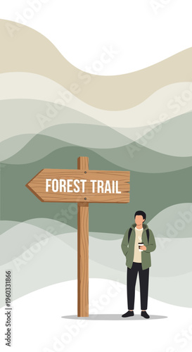 Man Standing By Forest Trail Sign With Wavy Background