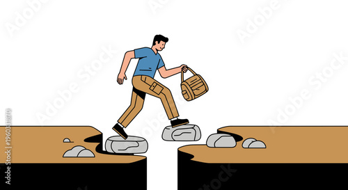 Man Stepping Stones Across Gap With Satchel