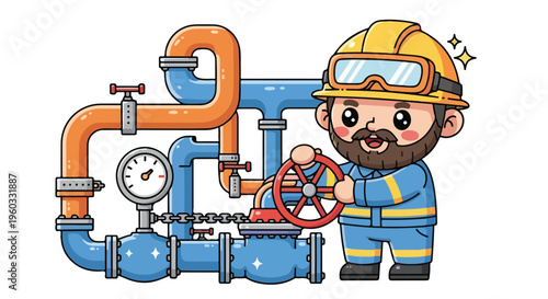 Cartoon illustration of a smiling worker in a yellow hard hat and blue uniform adjusting a red valve on a complex system of blue and orange industrial pipes with a pressure gauge.