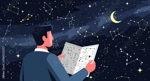 Man Studying Constellations In Night Sky Celestial Map Exploration