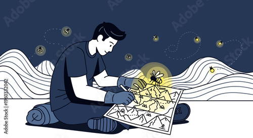 Man Studying Map Under Fireflies Light