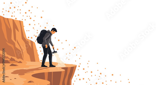 Man Sweeping Dust Off Cliff Edge Facing A Challenge