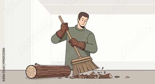 Man Sweeping Firewood Chunks After Splitting Logs Indoors
