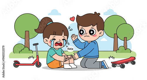 Cartoon illustration of a crying young girl comforted by a boy in a park with scooters and trees in the background with a heart above them.