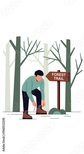 Man Tying Boots Next To Forest Trail Sign Preparing For Outdoor Adventure