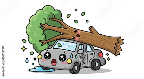 Cartoon illustration of a silver car with a shocked expression crushed by a fallen tree during a storm with rain and lightning.
