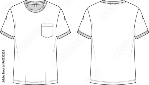 Vector fashion technical sketch of men's short sleeve t-shirt, chest pocket detail, ribbed crew neck, front and back view illustration