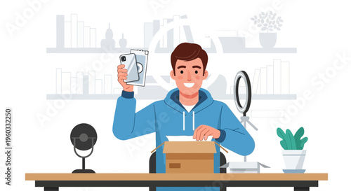 Man Unboxing New Smartphone Device For Content Creation
