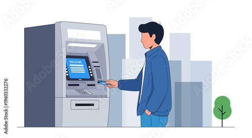 Man Using Atm Machine For Financial Transaction In Urban Environment