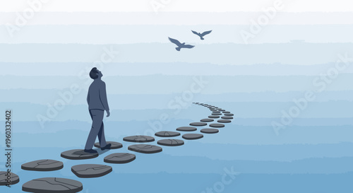Man Walking On Stepping Stones Towards A Brighter Future With Birds Flying Free