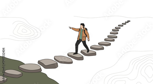 Man Walking On Stepping Stones To Achieve Goals