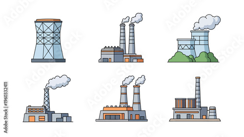 Industrial Buildings Icon Set: Factories, Power Plants, Cooling Towers with Smoking Chimneys. Flat Vector Illustration