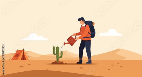 Man Watering Cactus In Desert With Tent And Mountains Background