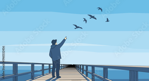 Man Watching Birds Fly Over The Ocean From A Pier