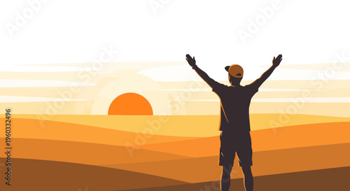 Man With Arms Raised Embracing Sunrise Adventure In Desert Landscape