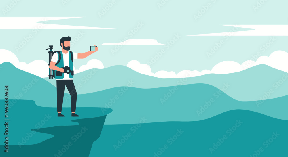 Obraz premium Man With Camera Backpack Takes Selfie On Mountain Cliff Edge