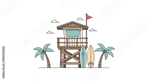 A wooden lifeguard tower stands on a sunny beach with surfboards and palm trees