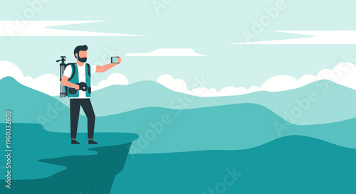 Man With Camera Backpack Takes Selfie On Mountain Cliff Edge