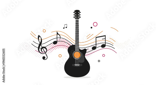 Acoustic guitar with vibrant musical notes and abstract patterns on a black background, representing the joy of music creation and performance.