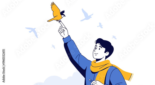 Man With Bird On Finger And Flying Birds Sky Illustration
