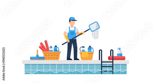 Pool cleaner with net and cleaning supplies working by the swimming pool