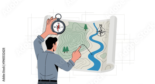 Man With Compass Navigates Terrain Map Planning Expedition