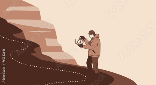 Man With Compass Navigating Through Rocky Terrain During Cold Weather