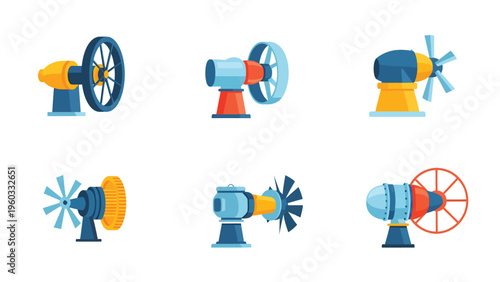 Vector set of colorful mechanical turbines, propellers, and generators. Industrial power, energy production, and engineering concepts.
