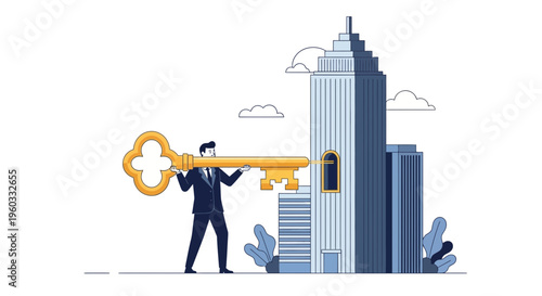 Man With Golden Key Unlocking Skyscraper Business Opportunity Abstract