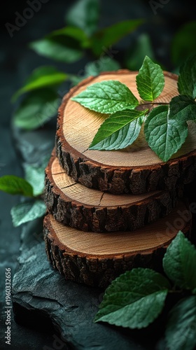 Wood slices stacked on slate with vibrant green leaves, moody lighting and shallow focus