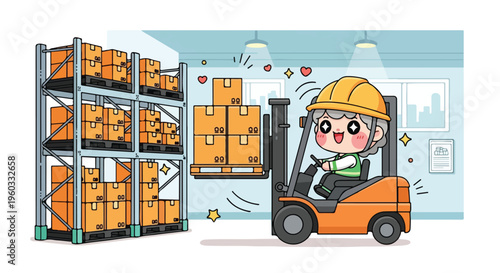A cheerful cartoon warehouse worker in a yellow hard hat operates a forklift with boxes in a modern warehouse with a joyful mood.