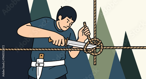 Man With Knife Tightens Rope Knot Creating Visual Metaphor For Challenge