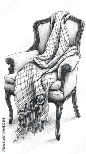 Sketch of a detailed armchair draped with a fringed plaid throw blanket, monochrome art