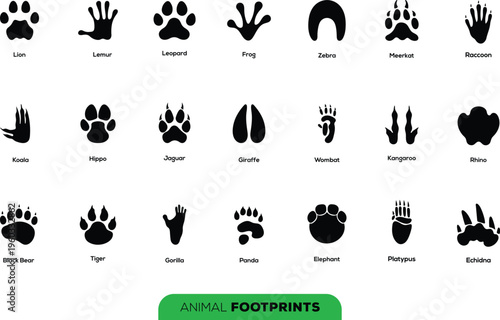 Animal Footprints Tracks Icon Set Wildlife Paw Hoof Print Silhouette Vector Collection