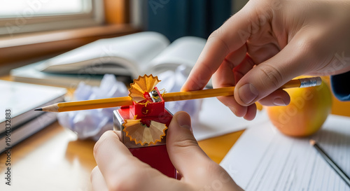 Hands sharpening pencil with sharpener on wooden desk with apple and books